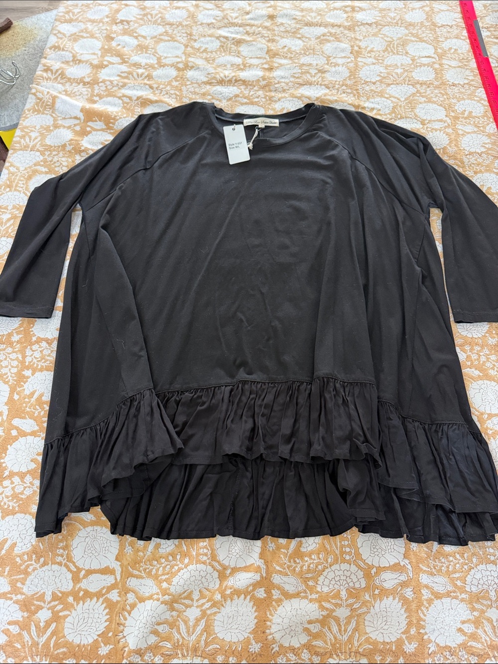 Miss Rose Sister Violet M/L Black swing Ruffled hi-low Hem Long Sleeve Top tunic